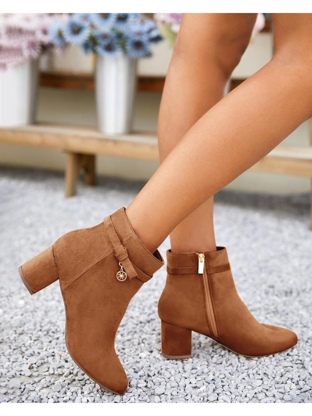 Women's Brown Suede Chunky Block Low Heel Vintage Tie Knot Side Zip Ankle Bootie - Picture 2 of 4